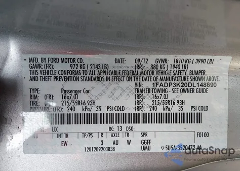 2013 Ford Focus Se из США, поврежденный, VIN 1FADP3K20DL148690